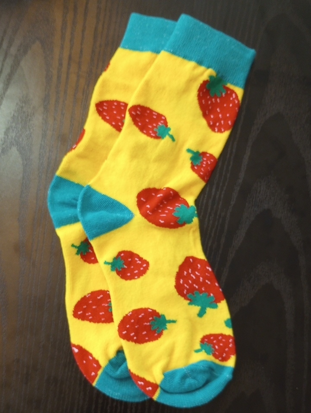 Yellow Strawberry Crew Mid calf Socks with Teal Accents